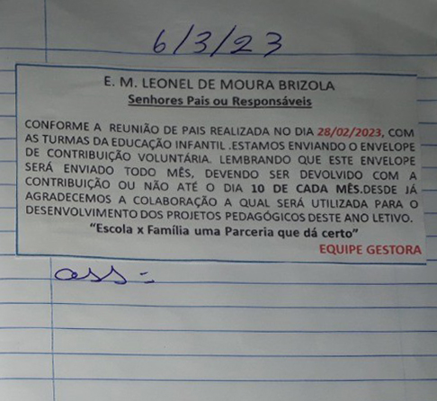 Sorriso: Escola municipal pede “dízimo” mensal para pais de alunos e gera revolta