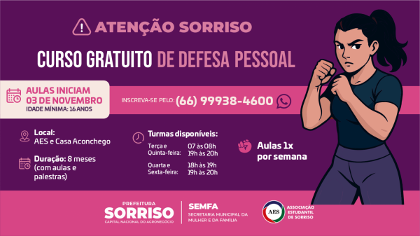 Sorriso: Estão abertas as inscrições para curso de Defesa Pessoal para mulher