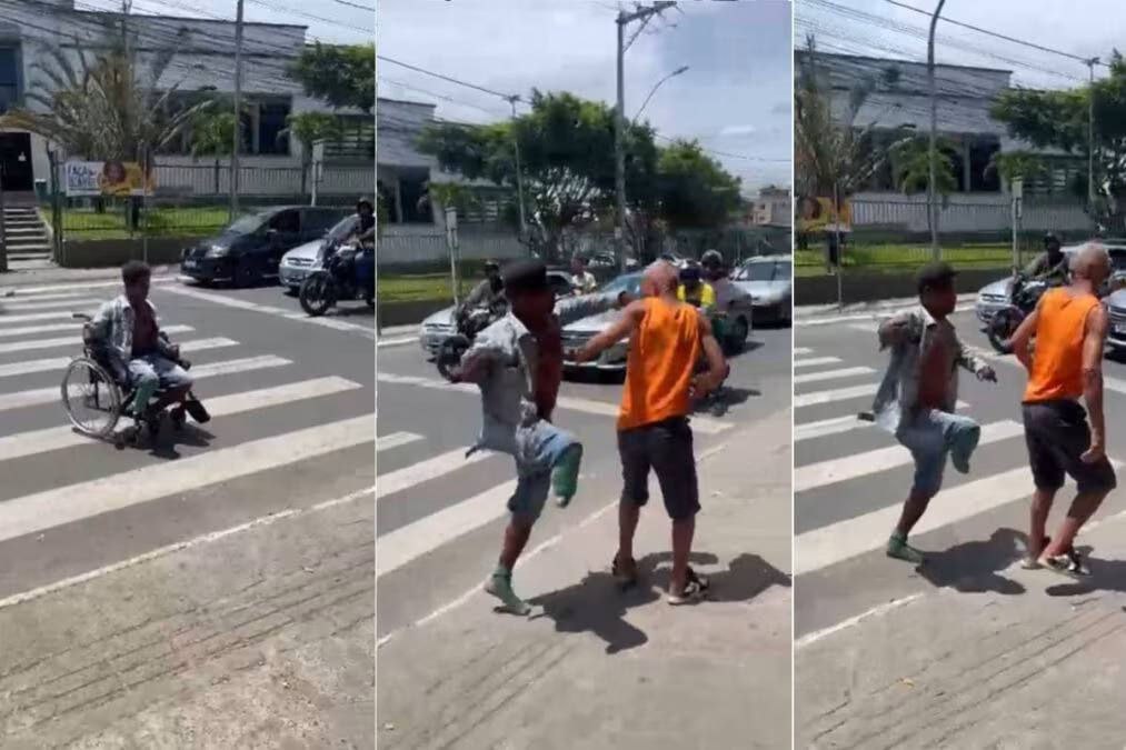 Cadeirante, sem pé e mão, se levanta e agride homem por motivo fútil; ele deu um murro na vítima