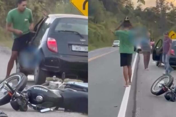 Motorista leva porrada após atropelar motoqueiro de propósito após briga de trânsito