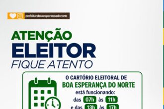 Boa Esperança do Norte: Cartório Eleitoral amplia atendimento na reta final do cadastro eleitoral com plantão especial no feriado de 1º de maio e sábado (2)