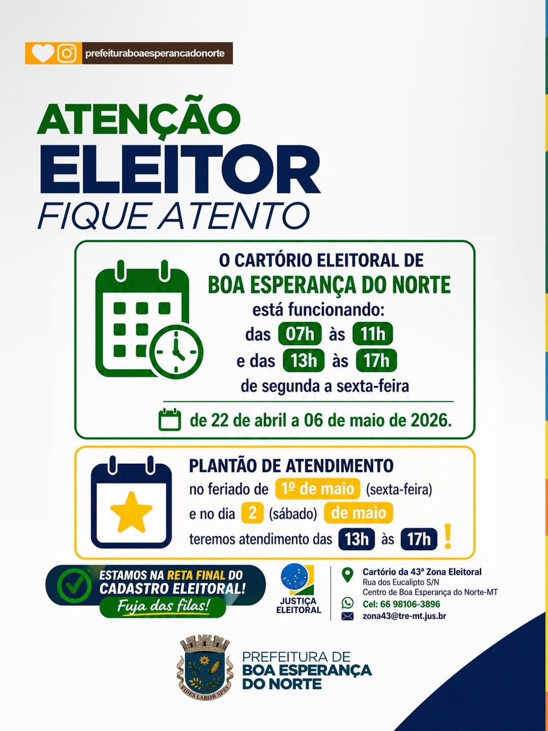 Boa Esperança do Norte: Cartório Eleitoral amplia atendimento na reta final do cadastro eleitoral com plantão especial no feriado de 1º de maio e sábado (2)