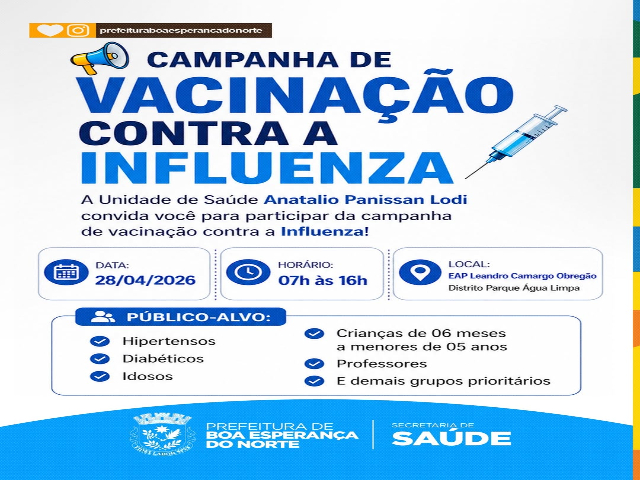Boa Esperança do Norte: Prefeitura realiza campanha de vacinação contra Influenza no distrito de Água Limpa no dia 28