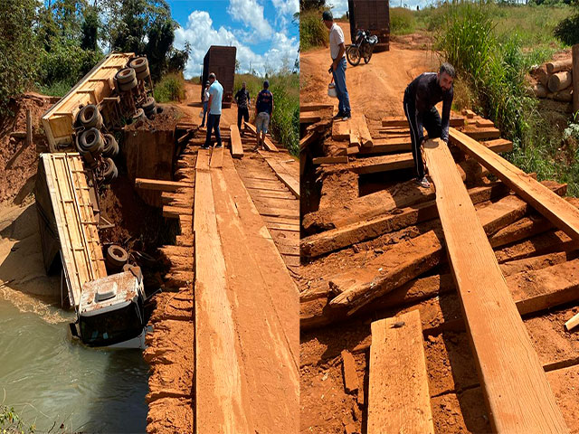 Sorriso: Carreta cai de ponte do “Corgão” e parte da ponte de madeira é danificada; Ponte servia para escoar a produção de grãos
