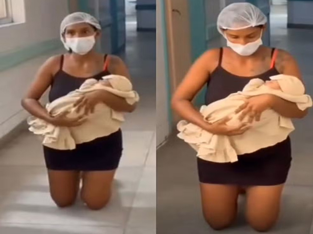 “MILAGRE” – Mãe deixa maternidade de joelhos, com o filho nos braços, após ele receber alta, depois de ter apenas 1% de chance de sobreviver